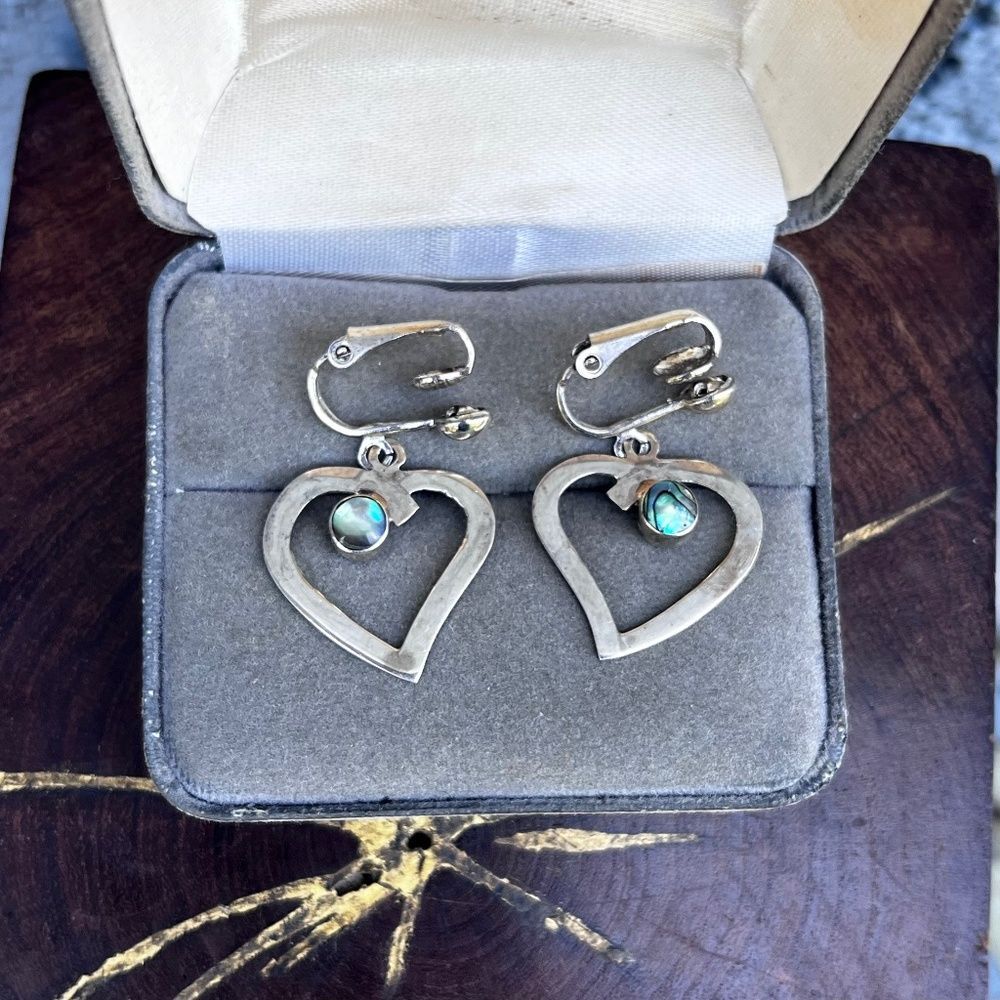 Vintage Sterling Silver Heart Dangle Clip on earrings with abalone